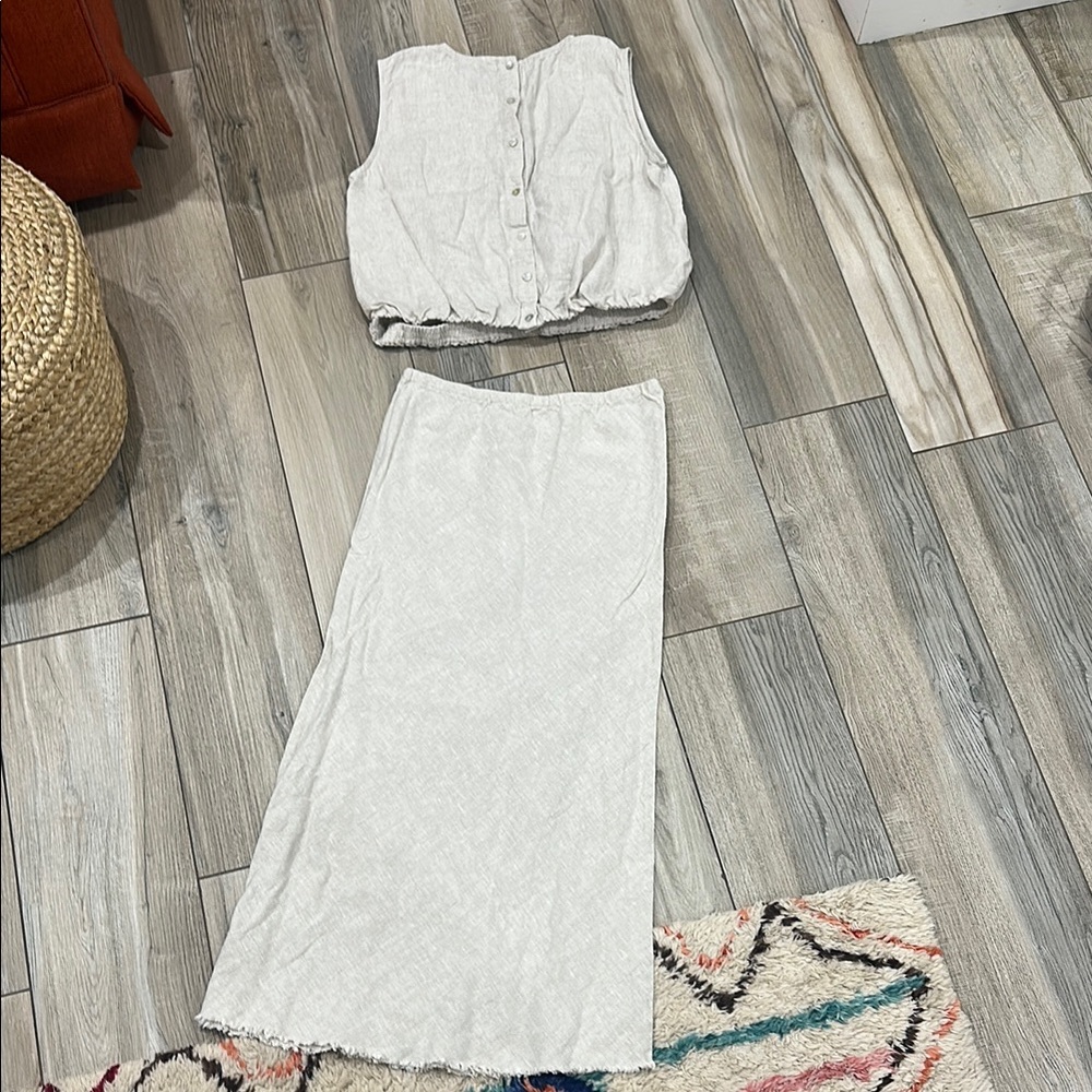 Women's Two-Piece Skirt Set - Beige Linen-Blend - Picture 1 of 7